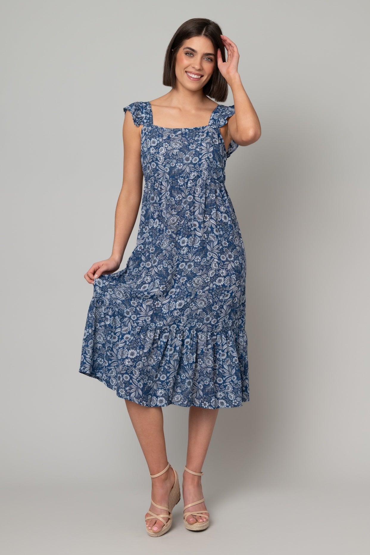 Georgette Floral Ruffle Square Neck Midi Dress Pine Apparel