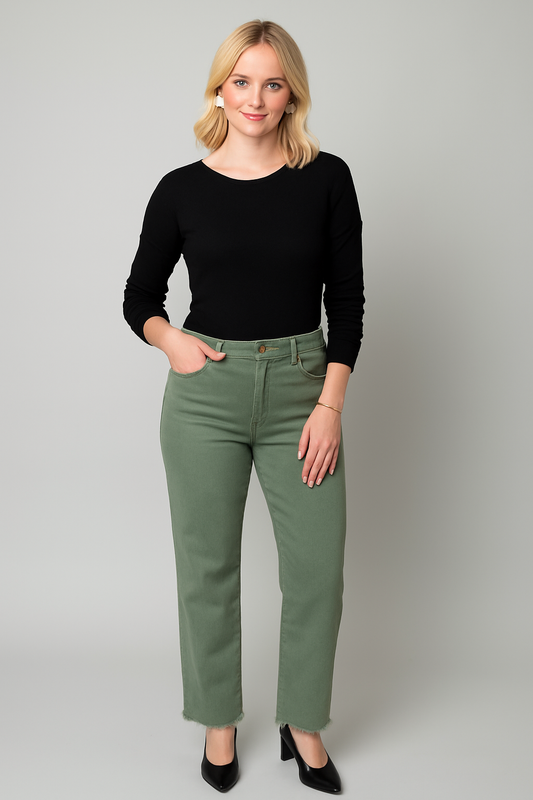 Olive HR Wide-Leg Denim Pants with Frayed Hem 31" Inseam