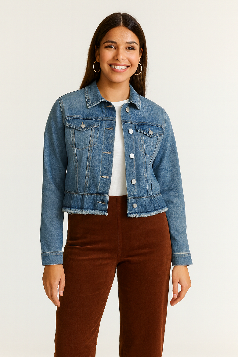 Peplum Hemmed Denim Jacket - Med Wash