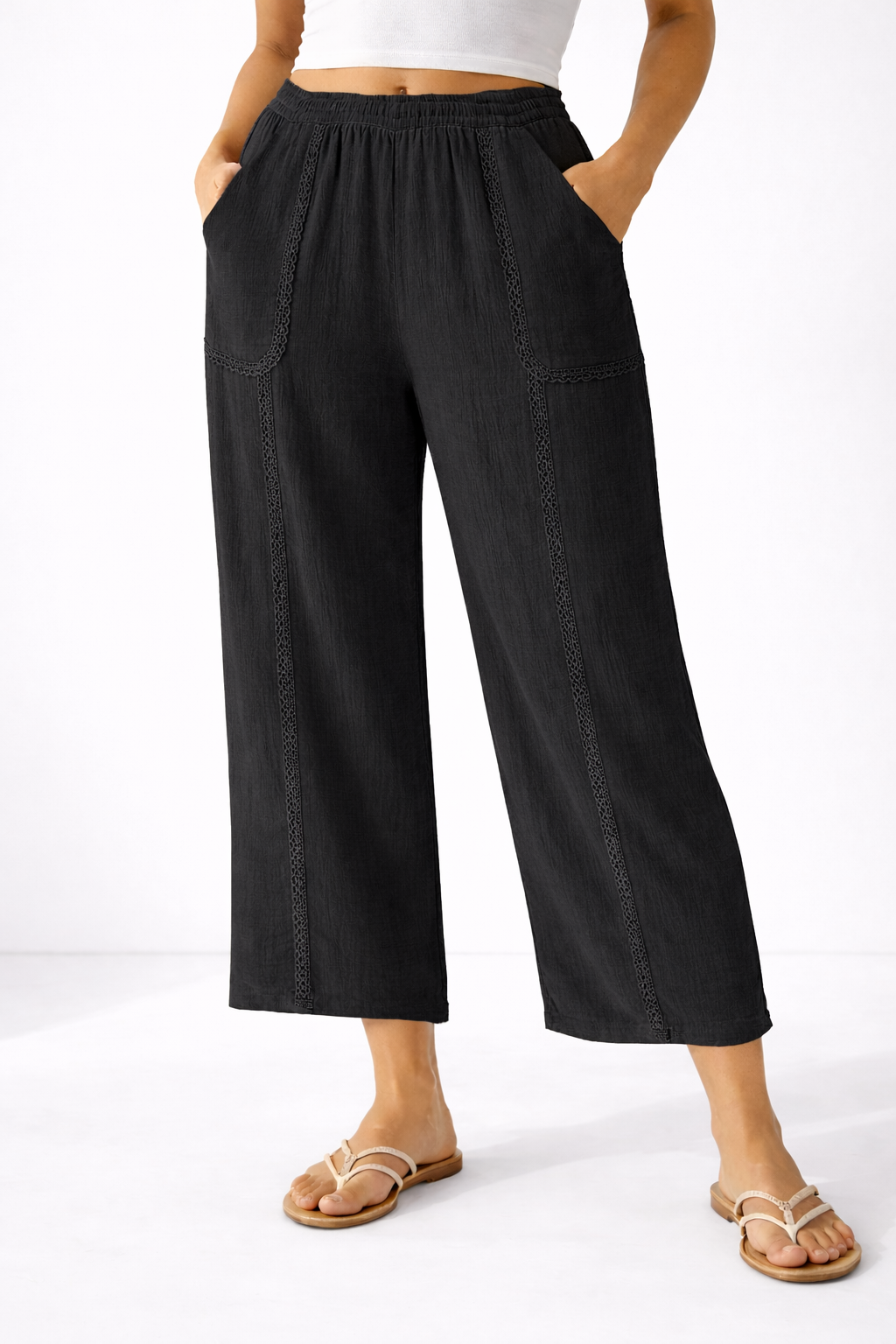 Black Cotton Gauze Cropped Wide Leg Pant w/ Crochet Lace Trim
