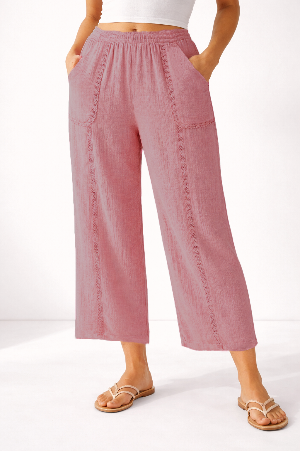 Pink Cotton Gauze Cropped Wide Leg Pant w/ Crochet Lace Trim