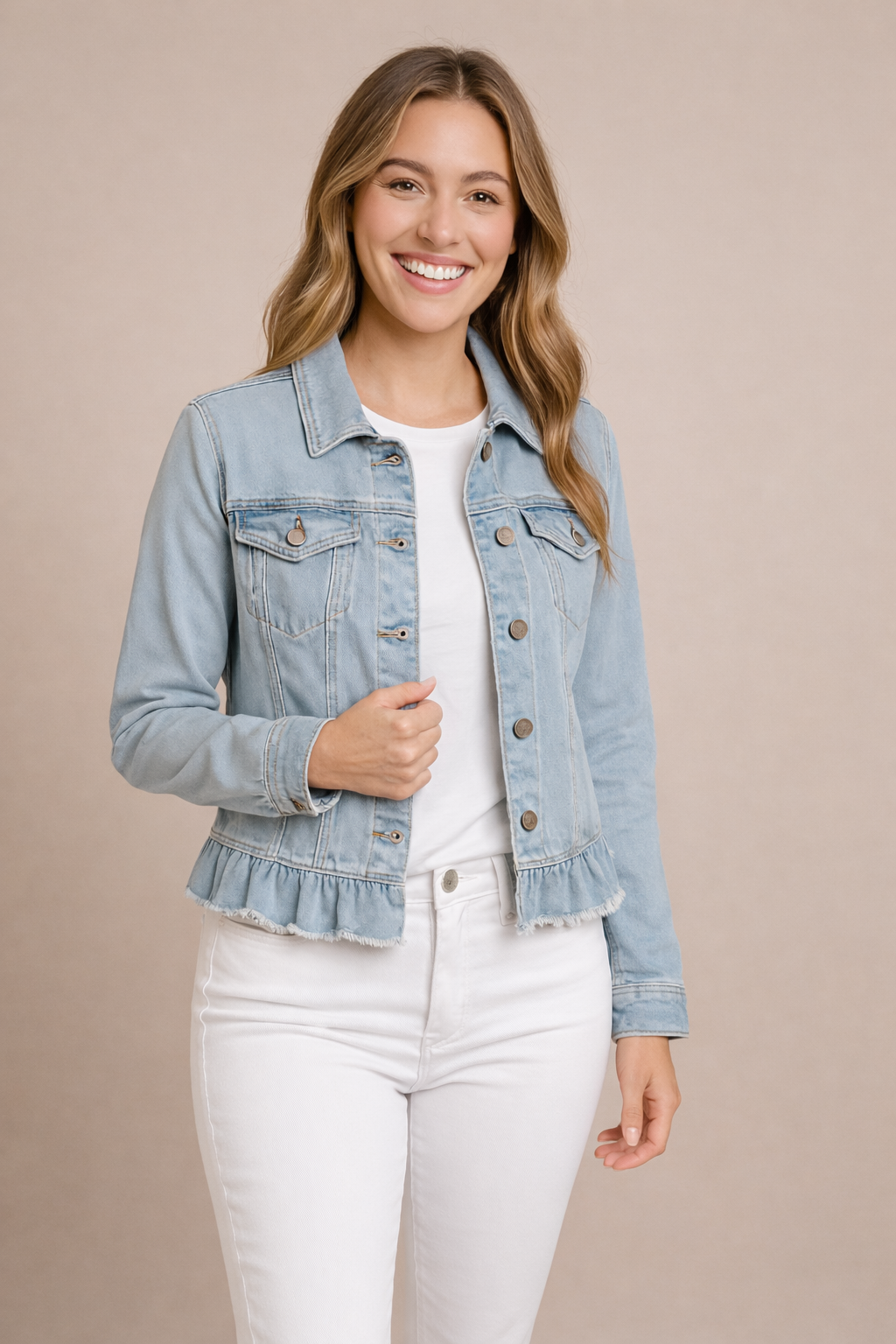 Light Denim Peplum Hem Button Down Stretch Denim Jacket
