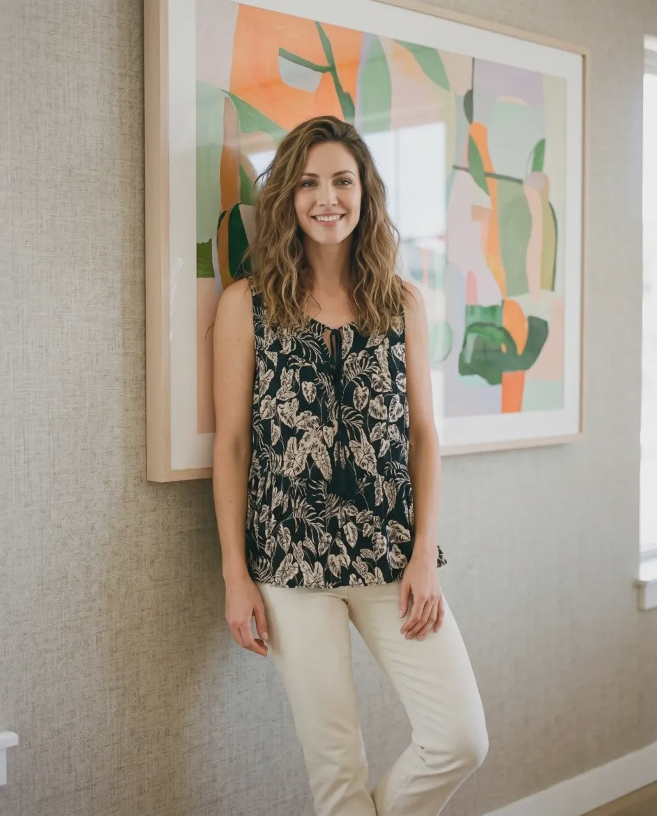 Leaf Print Challis Tie Front Tank