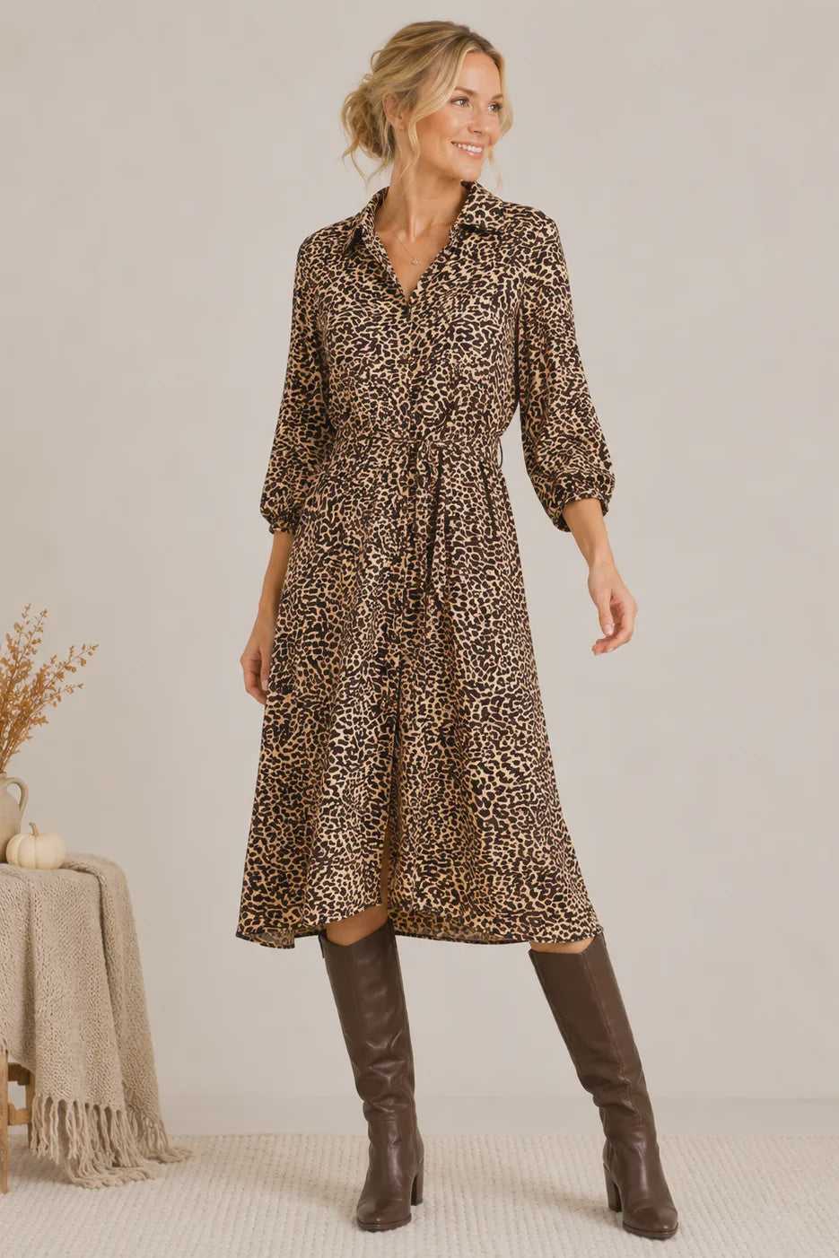 Animal Print Button-Down Midi Dress