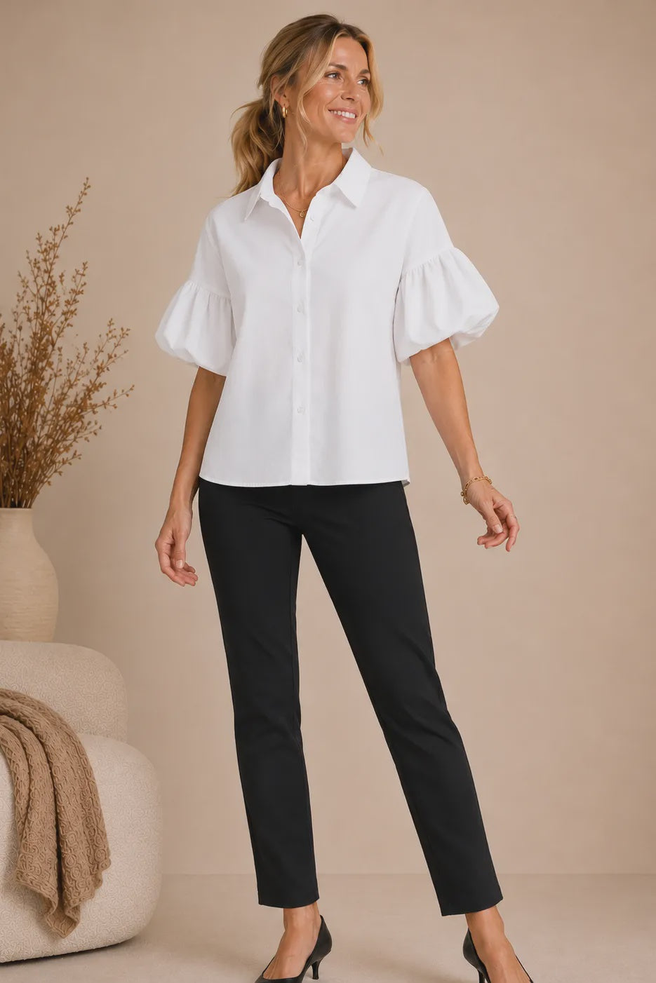 White Tencel Puff Sleeve Button-Front Shirt