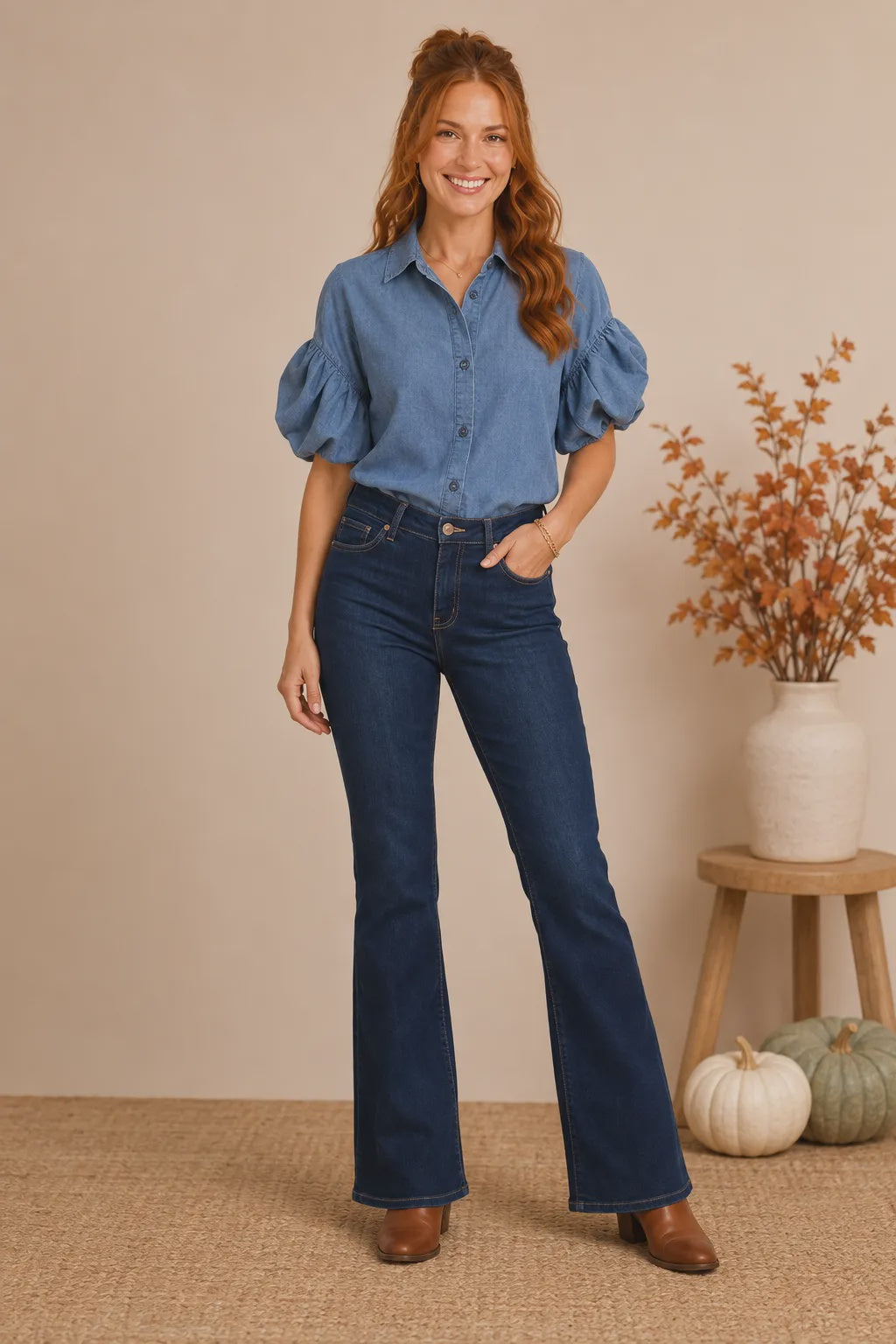Medium Wash Tencel Puff Sleeve Button-Front Shirt