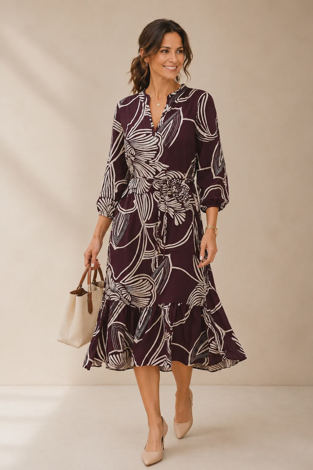 Plum Floral Balloon Sleeve Midi Dress
