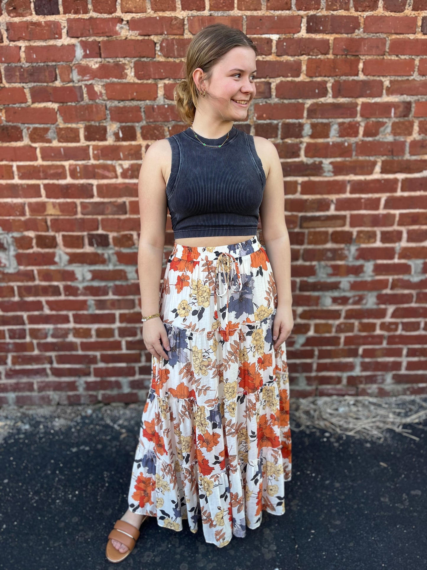 Textured Floral Merrowed Tiered Maxi Skirt with Elastic Waist