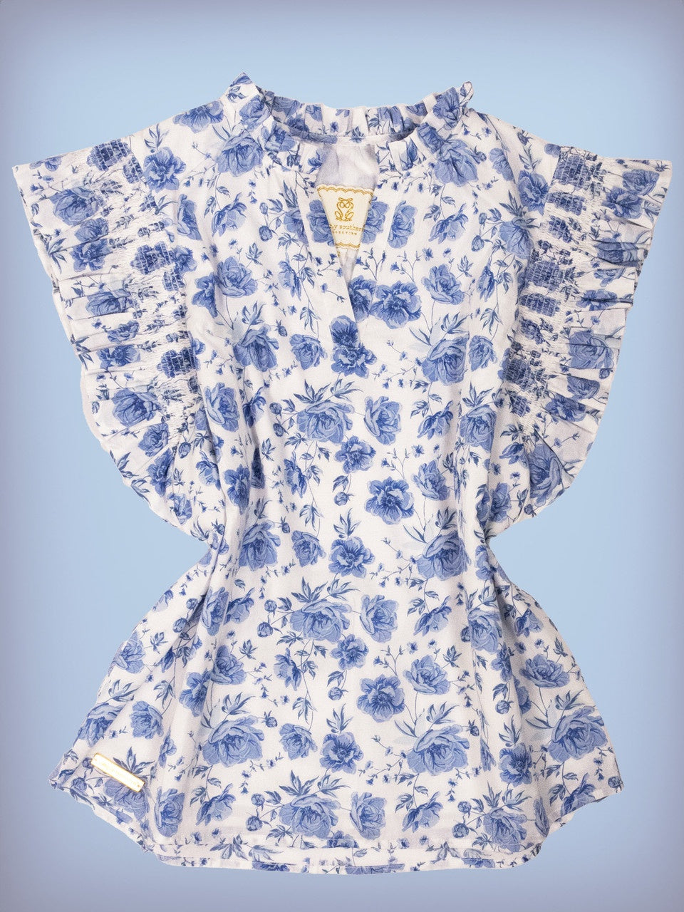 SS Floral Blue Ruffle Top