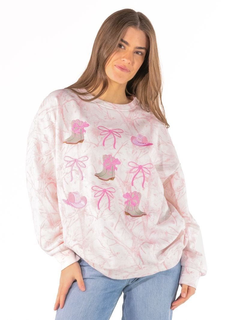 SS Embroidered Boots and Bows Pink Camo Crewneck