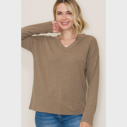 Staccato Dark Taupe Marled Knit V-Neck Top