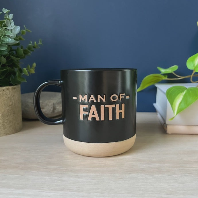 MAN OF FAITH WAX RESIST MUG W/ RAW BISQUE BOTTOM,