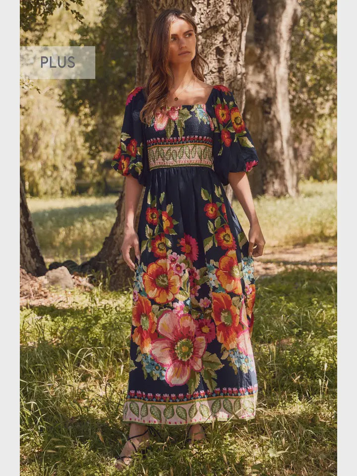 PLUS Giant Floral Border Printed Maxi Dress