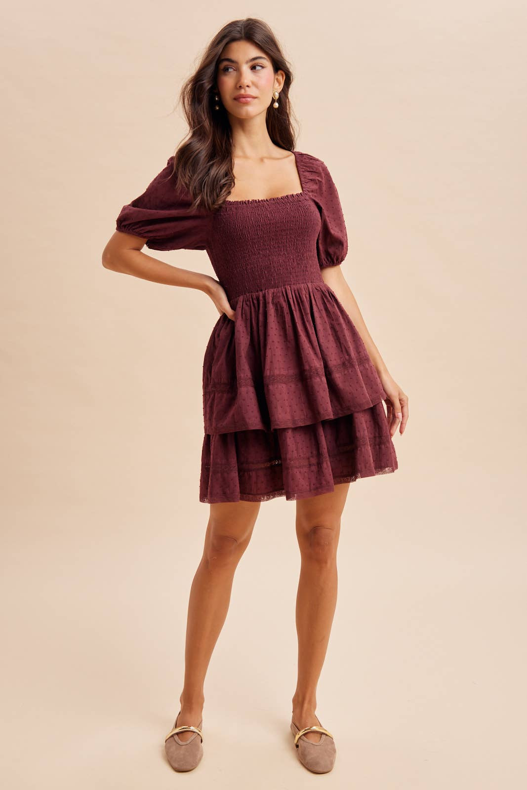 Plum Noir Smocked Eyelet Tiered Mini Dress