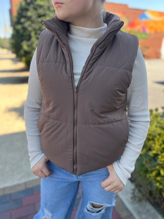 Reversible Corduroy Polar Neck Puffer Vest – Brown