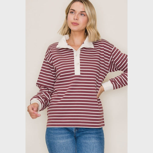 Staccato Burgundy Half Button Striped Sweatshirt