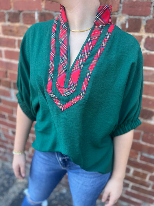 Entro Plaid Trim V-Neck Dolman Top – Holiday Chic
