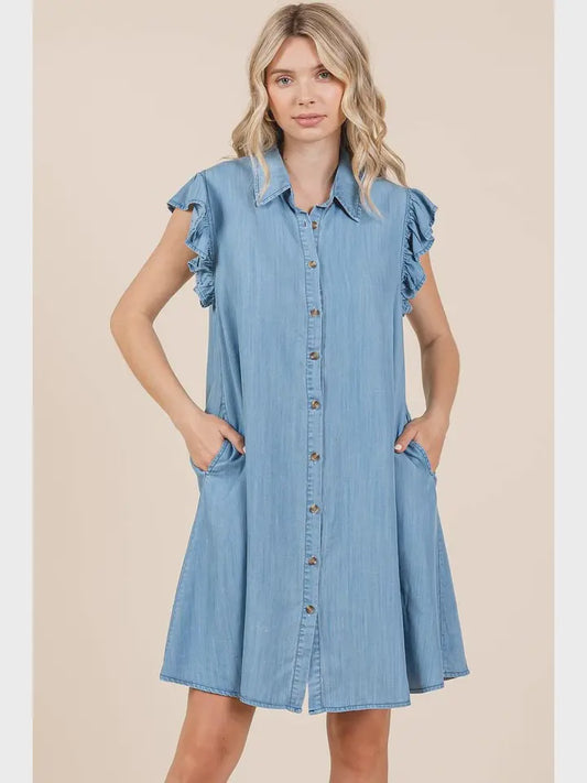 Mittoshop Washed Chambray Ruffle Sleeve Buttoned Mini Dress