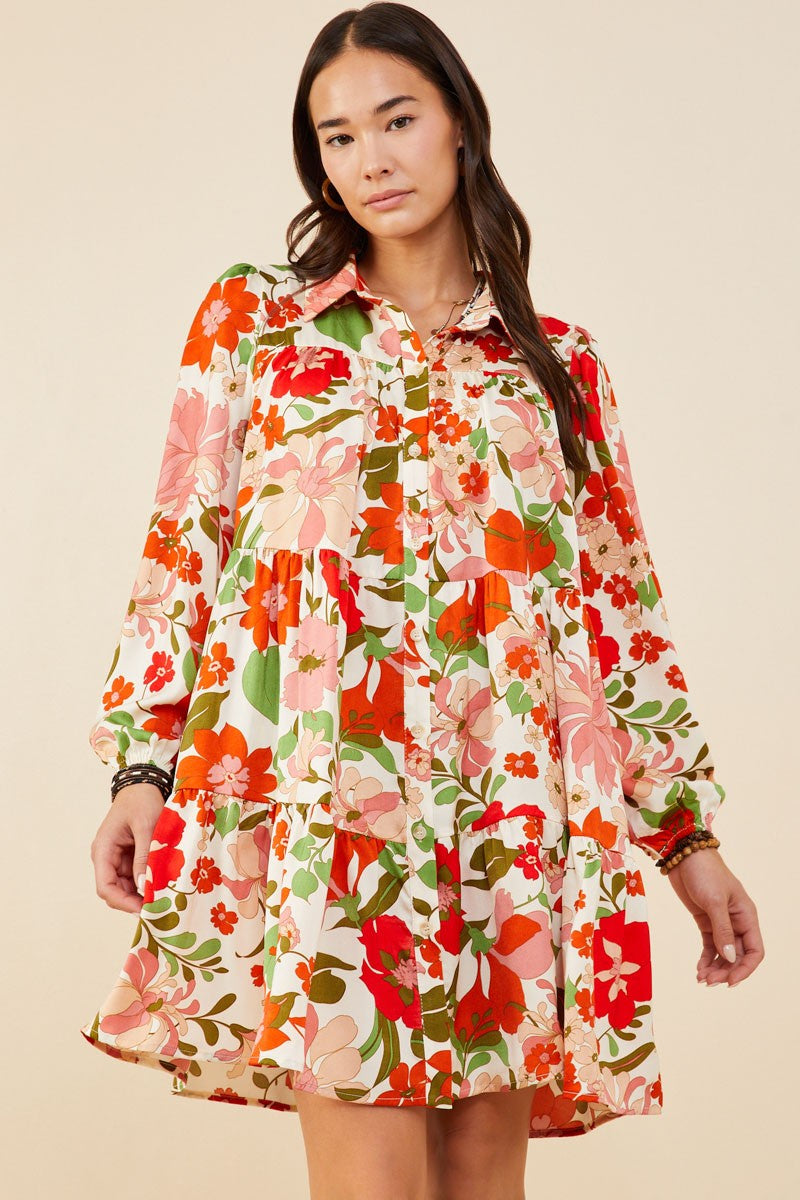 Retro Floral Satin Tiered Tunic Dress – Button Down
