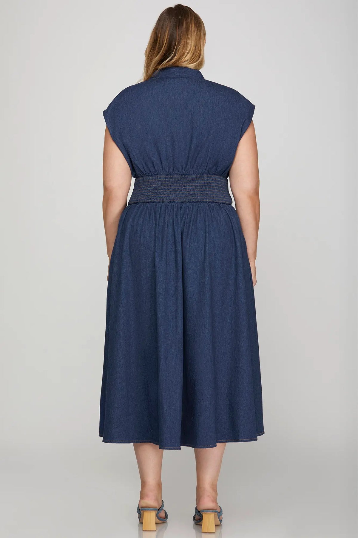 PLUS She and Sky Washed Denim Midi Dress with Smocked Waist & Front Zipper
