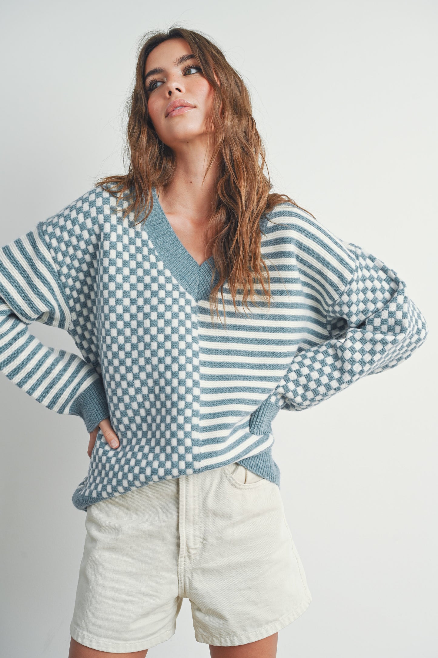 Frenchy Checker Drop Shoulder Sweater – Cozy Checkered Knit Pullover