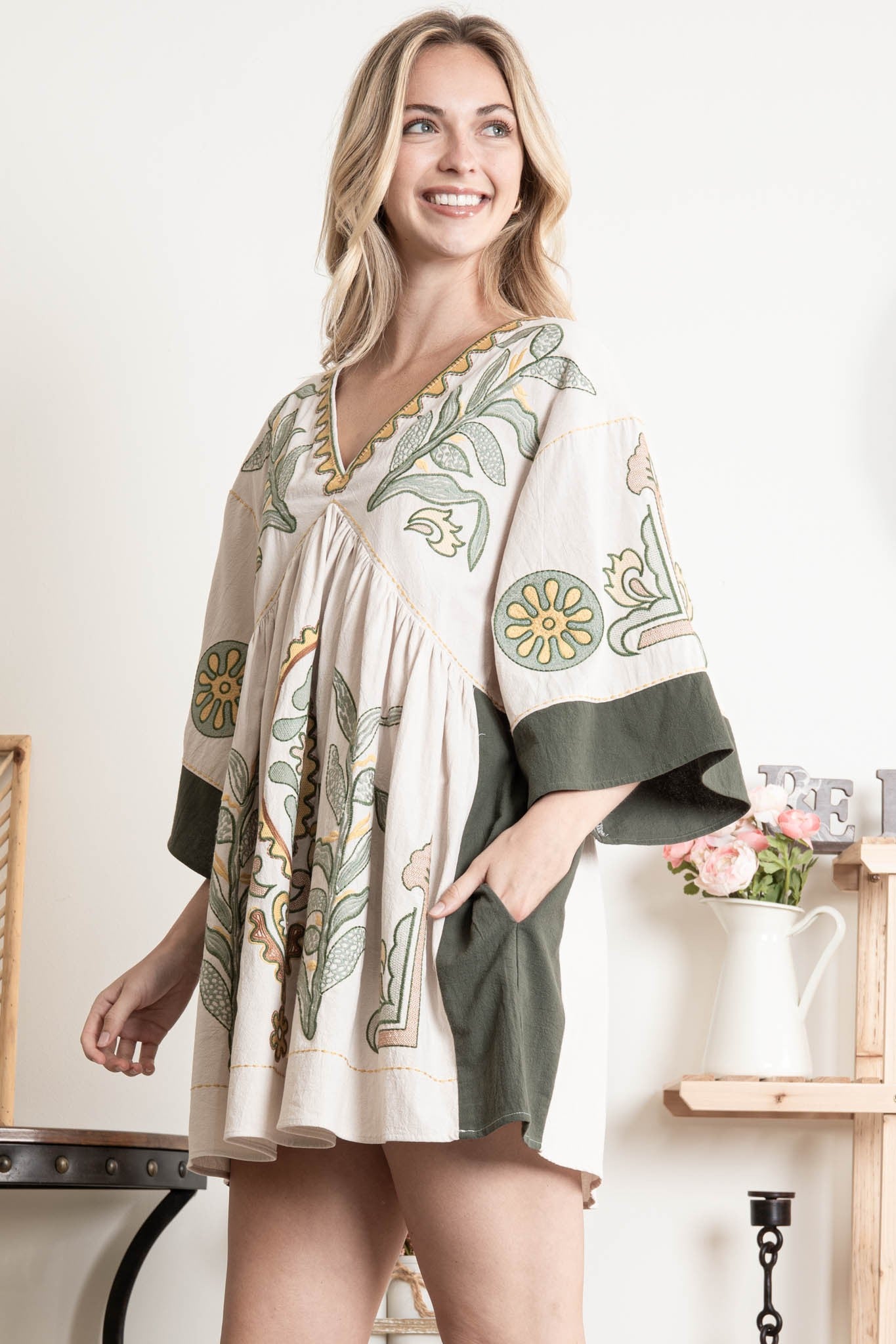 Olivia Floral Embroidered V-Neck Mini Dress