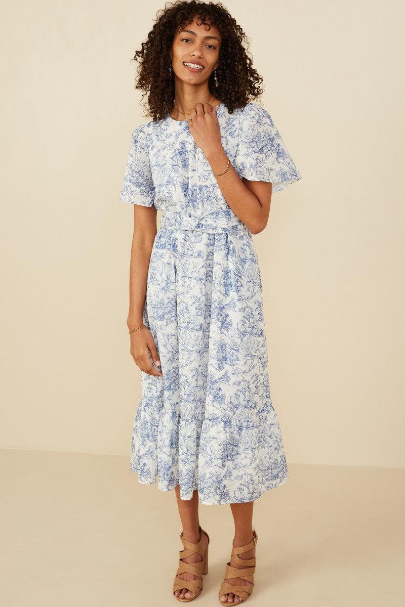 Antique Floral Twist Waist Midi Dress with Self Tie