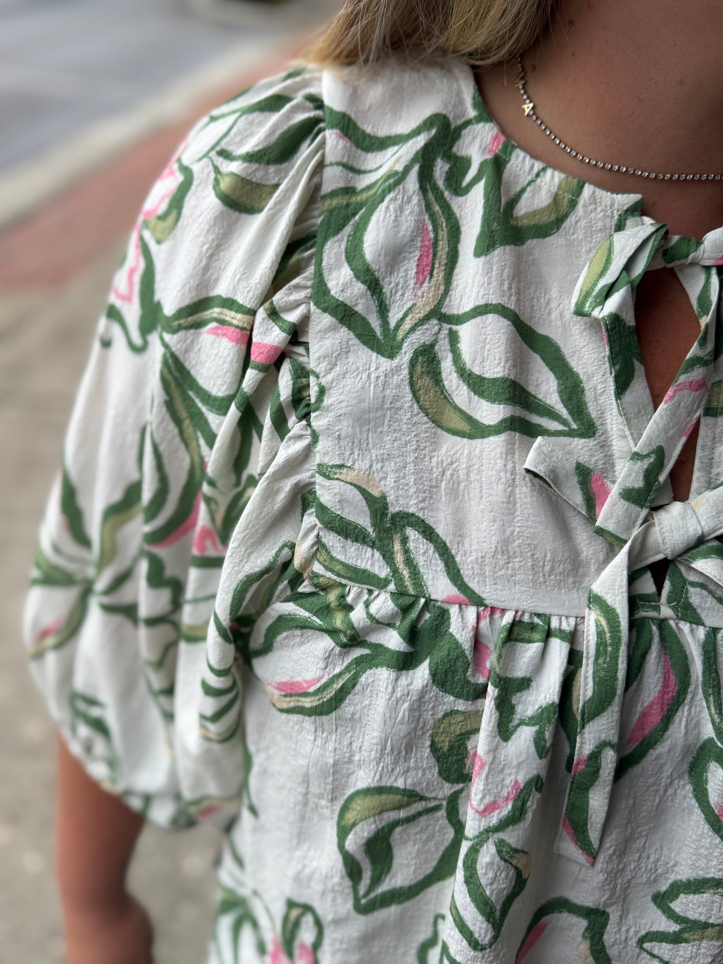 PLUS Textured Floral Blouse with Front Tie- Pink/Green Print