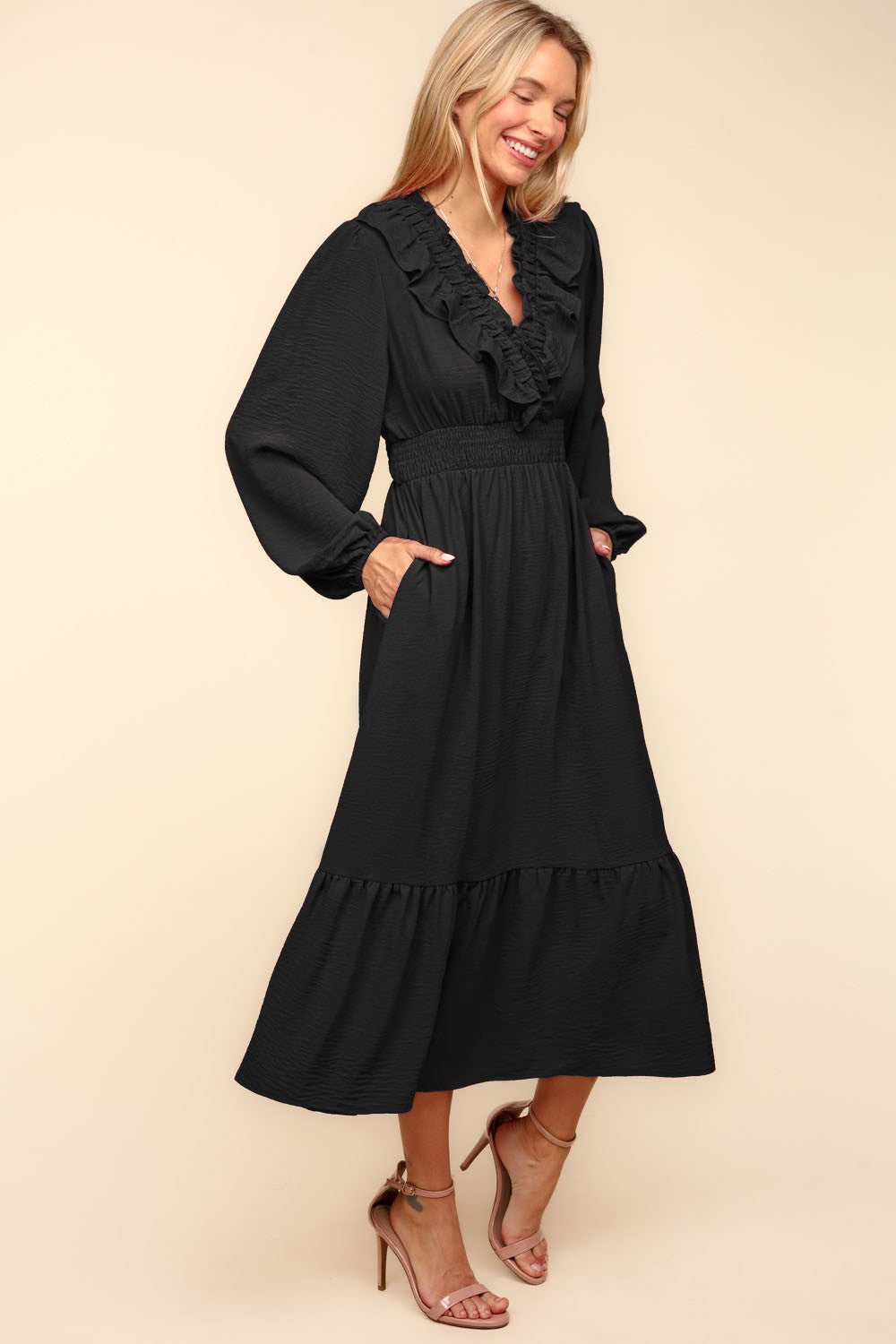 PLUS V NECK FRONT OVERLAP W/RUFFLE WOVEN DRESS Haptics