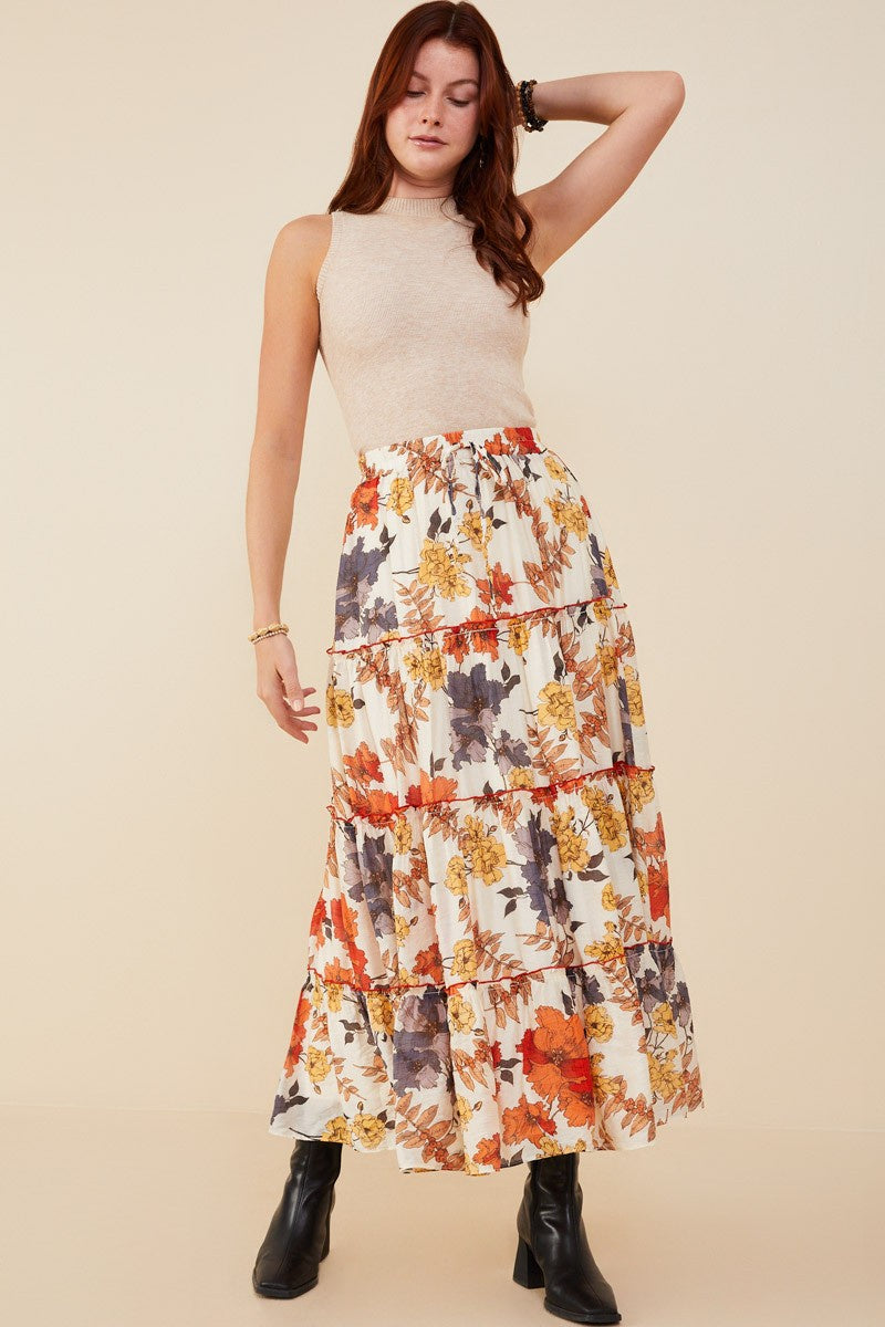 Textured Floral Merrowed Tiered Maxi Skirt with Elastic Waist