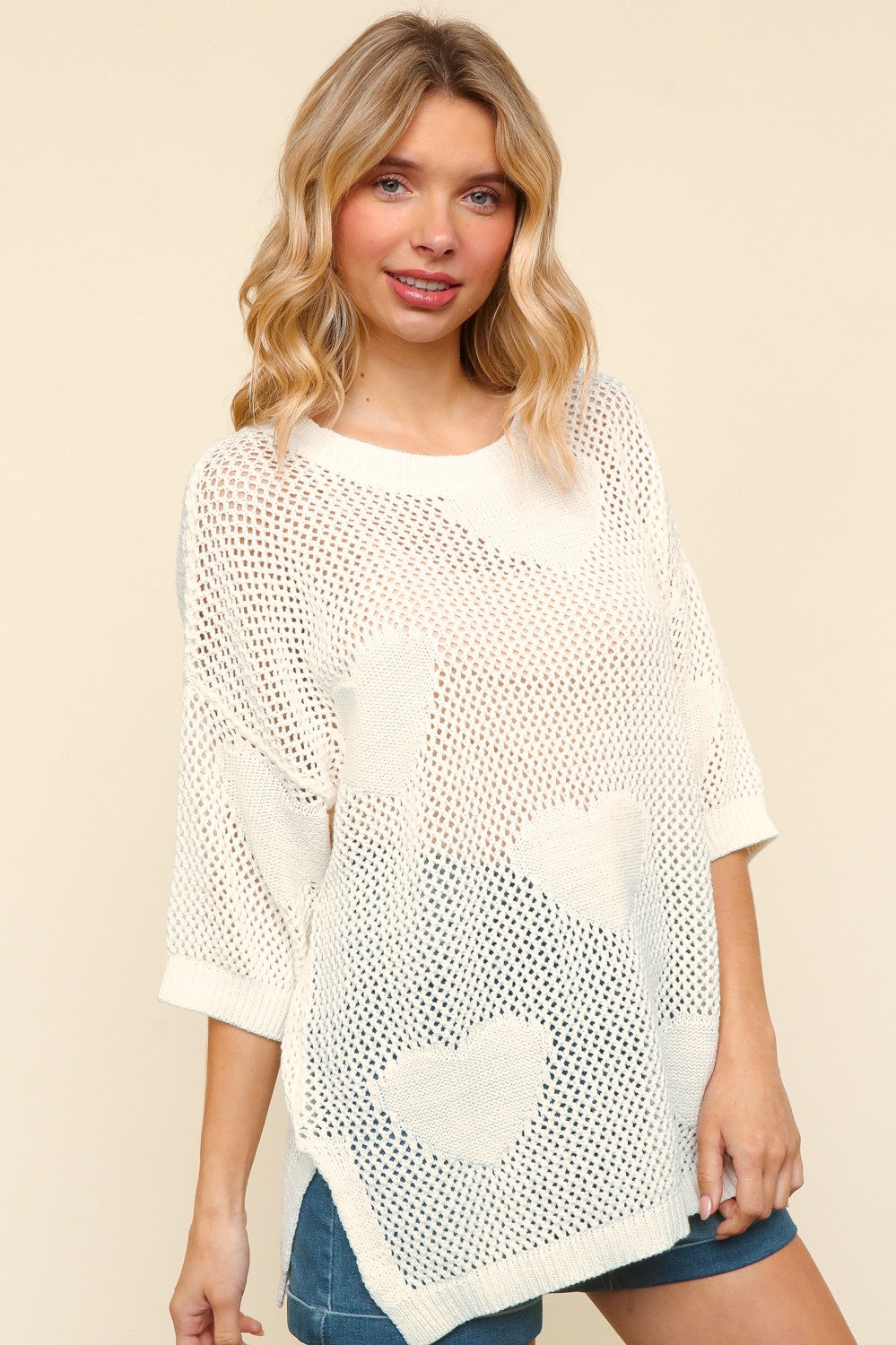 PLUS Round Neck Crochet Heart Sweater