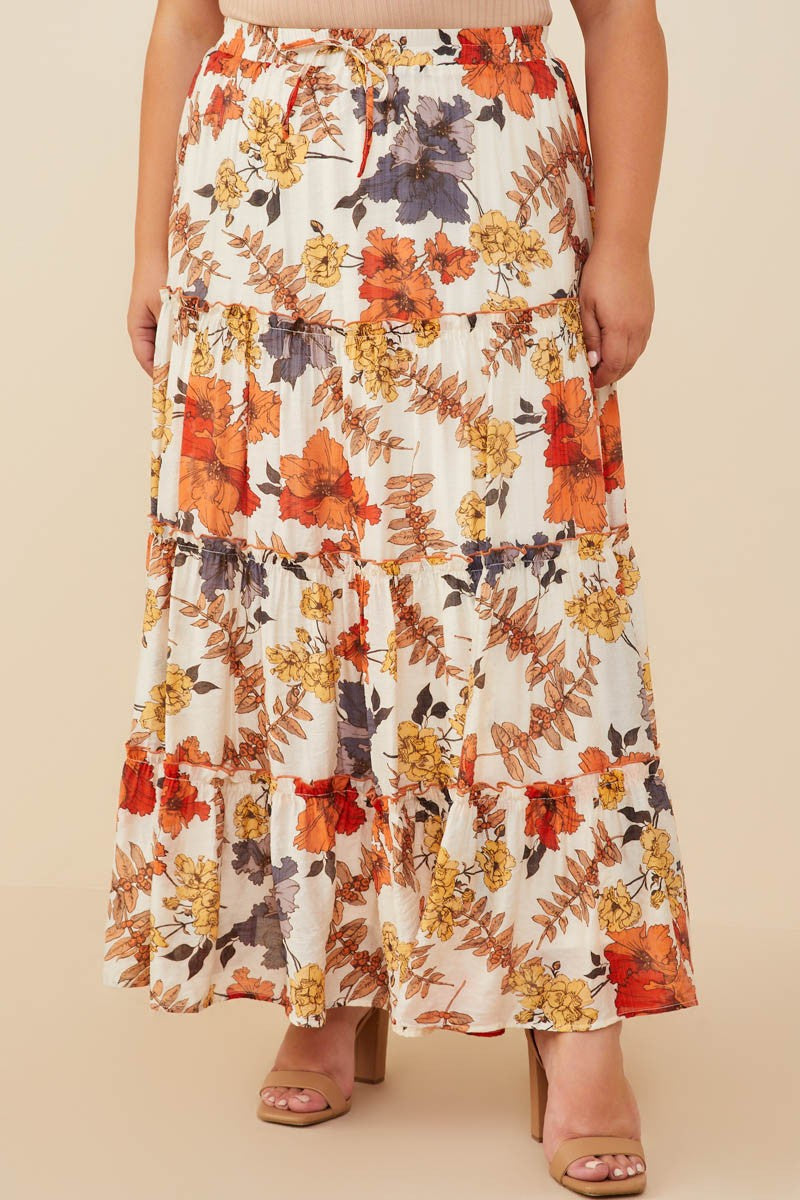 Plus Textured Floral Merrowed Tiered Maxi Skirt with Elastic Waist