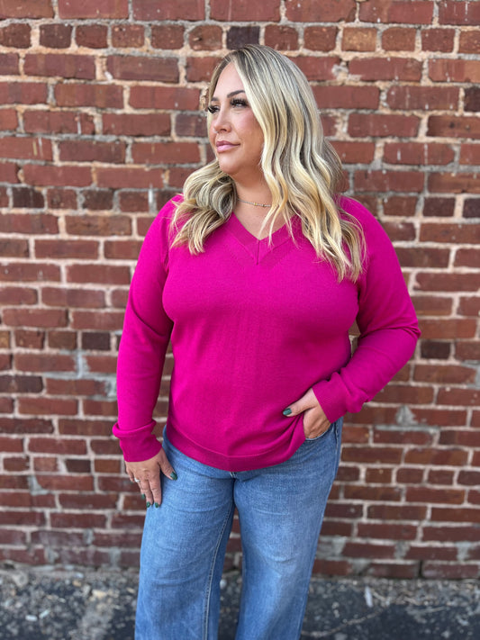 Staccato Magenta Textured V-Neck Sweater