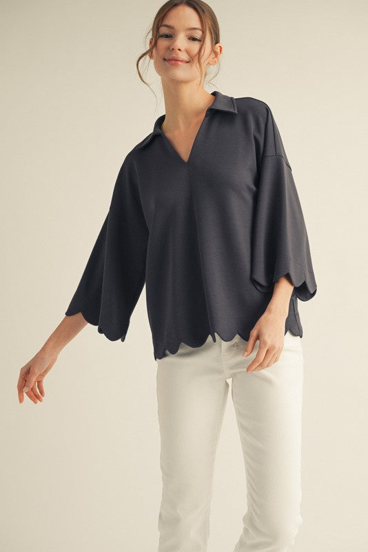 Scallop Hem ¾ Sleeve V-Neck Top with Collar