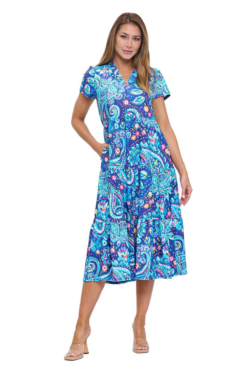 Gloria Navy Mix Short Sleeve Tiered Maxi Dress - www.shoppesonmainconover.com