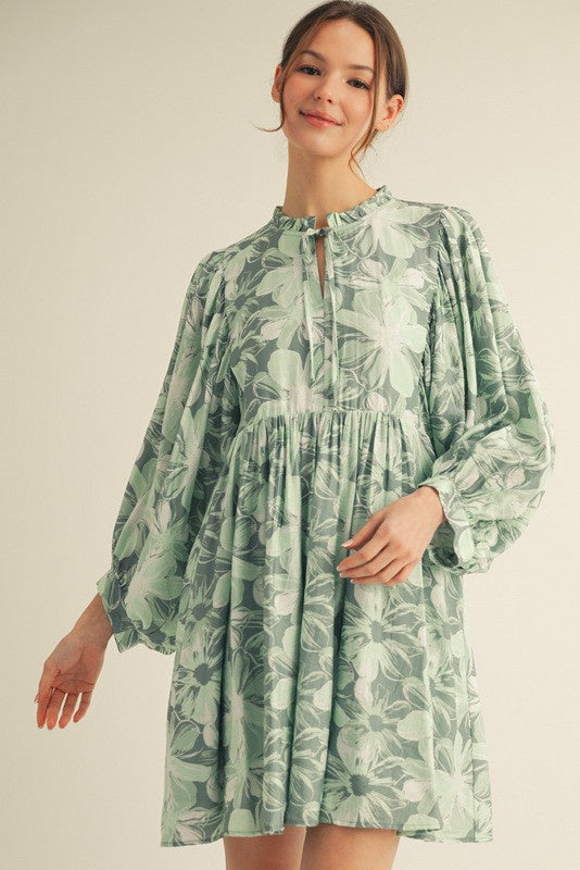 Floral Peasant Mini Dress with Tie Neck & Pockets