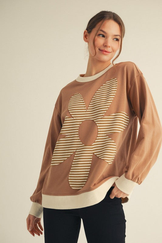 Comfy Long Sleeve Top with Stripe Floral Patch – Casual Tops for Women