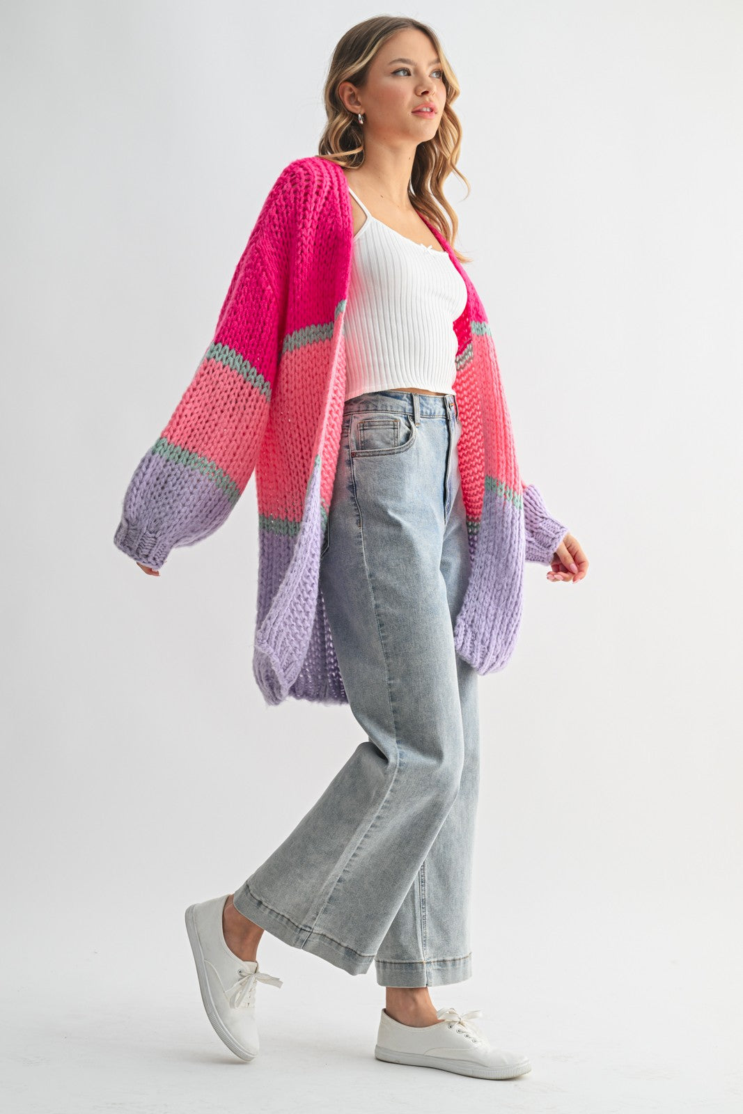 Colorblock Open-Knit Sweater Cardigan – Bright, Bold, and Ultra-Cozy Style
