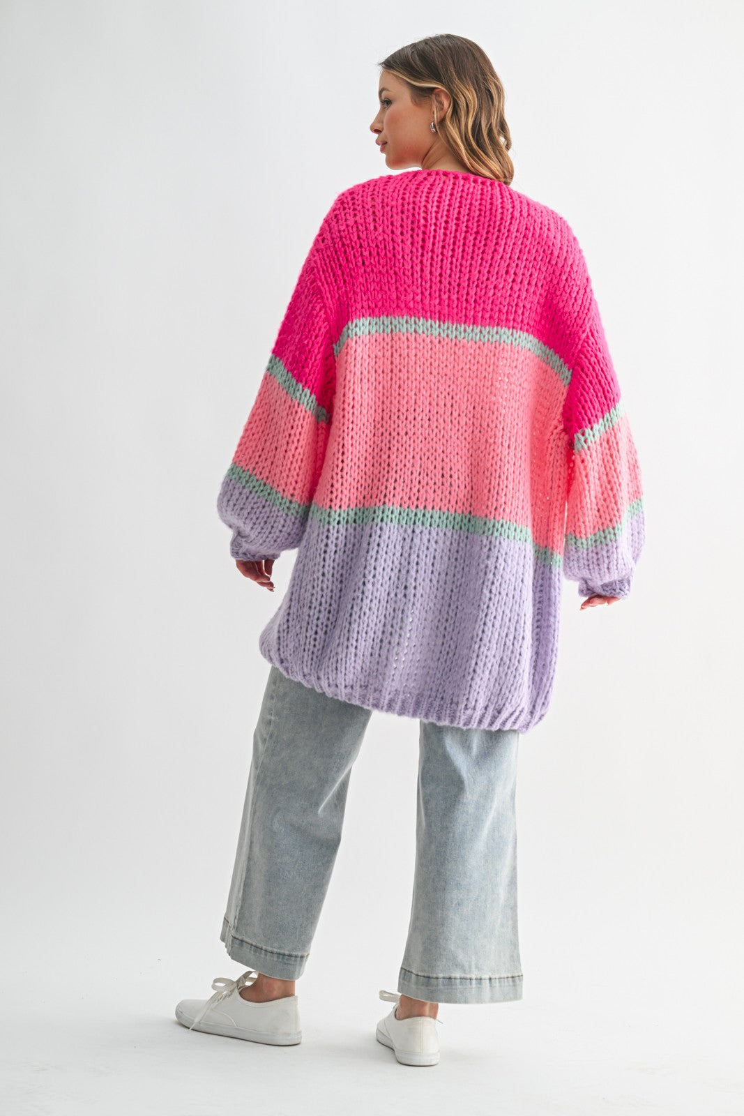 Colorblock Open-Knit Sweater Cardigan – Bright, Bold, and Ultra-Cozy Style