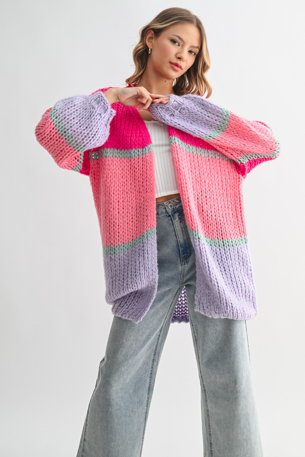 Colorblock Open-Knit Sweater Cardigan – Bright, Bold, and Ultra-Cozy Style