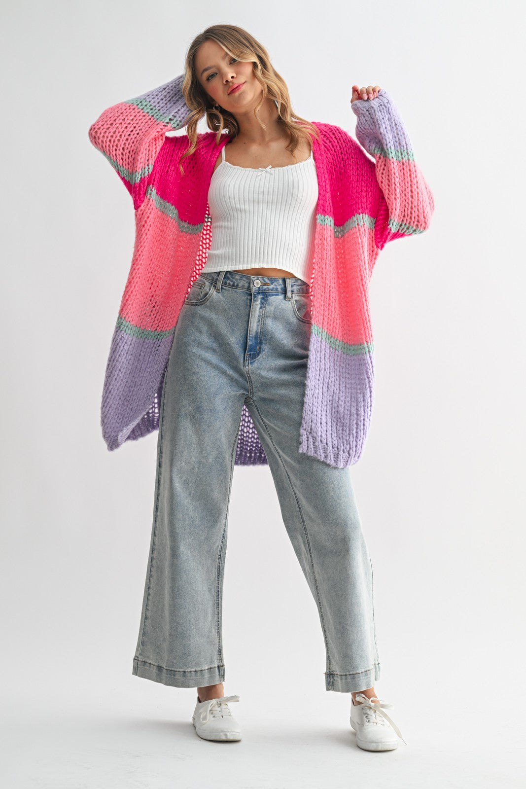 Colorblock Open-Knit Sweater Cardigan – Bright, Bold, and Ultra-Cozy Style
