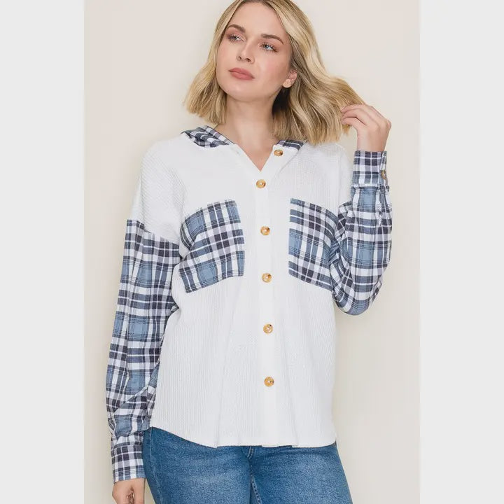 Plaid Contrast Waffle Knit Hoodie Shirt