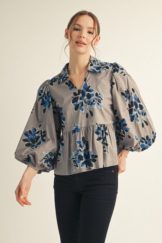 Balloon Sleeve Floral Peplum Top with Collar