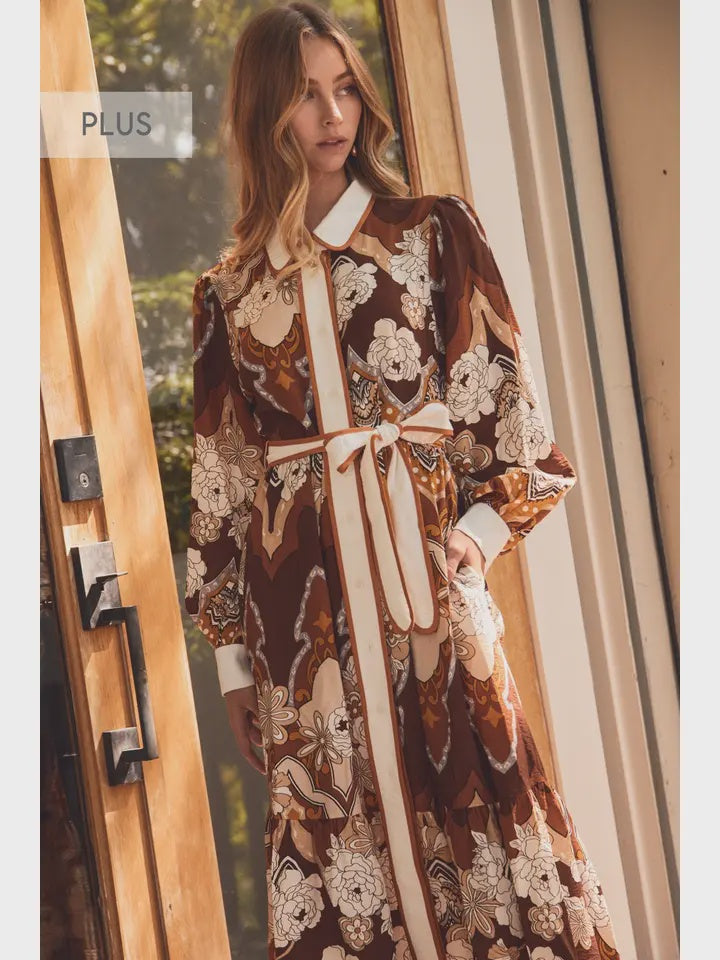 PLUS Retro Printed Midi Dress with Tie Waist