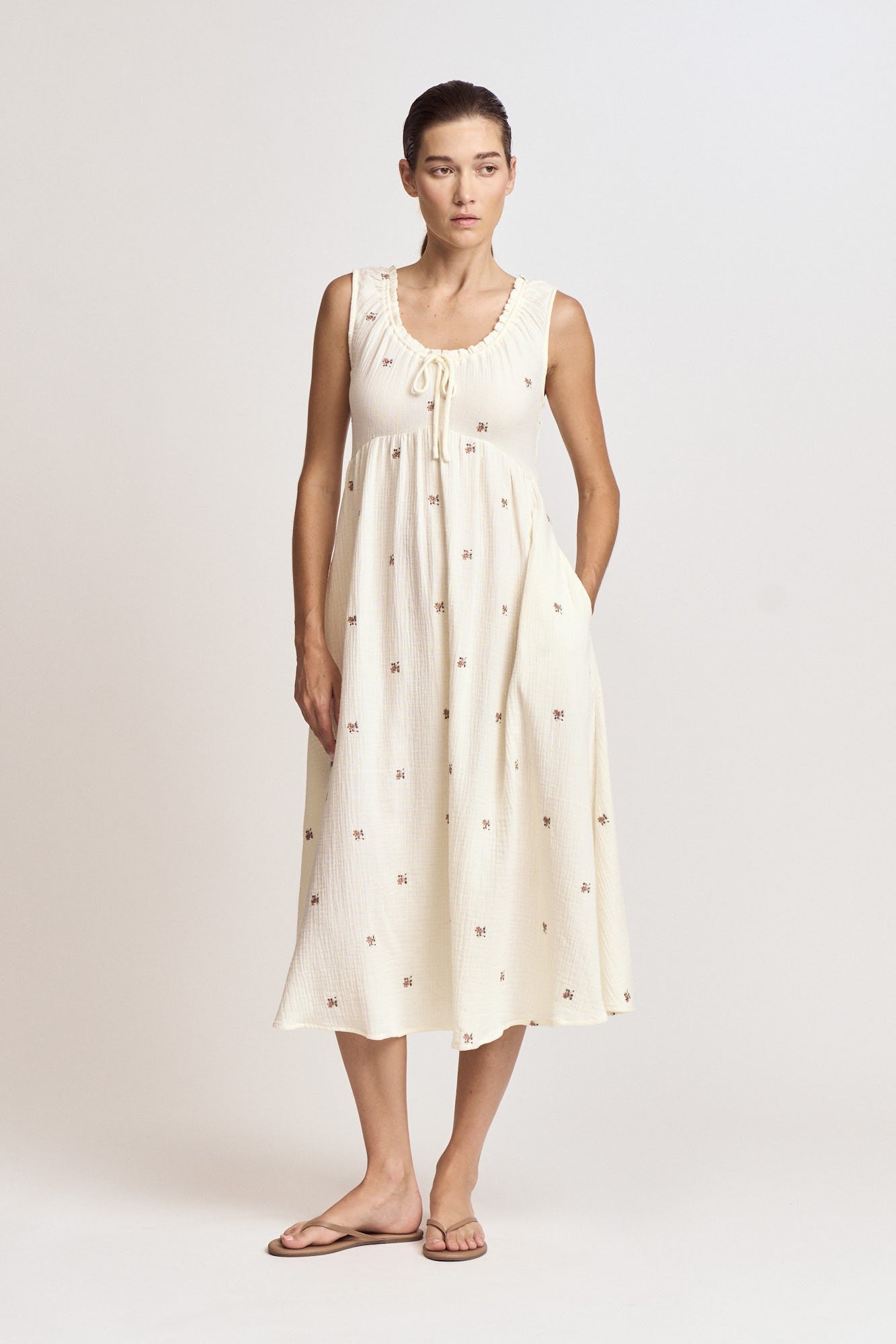 Grade & Gather Flower Embroidered Cotton Dress