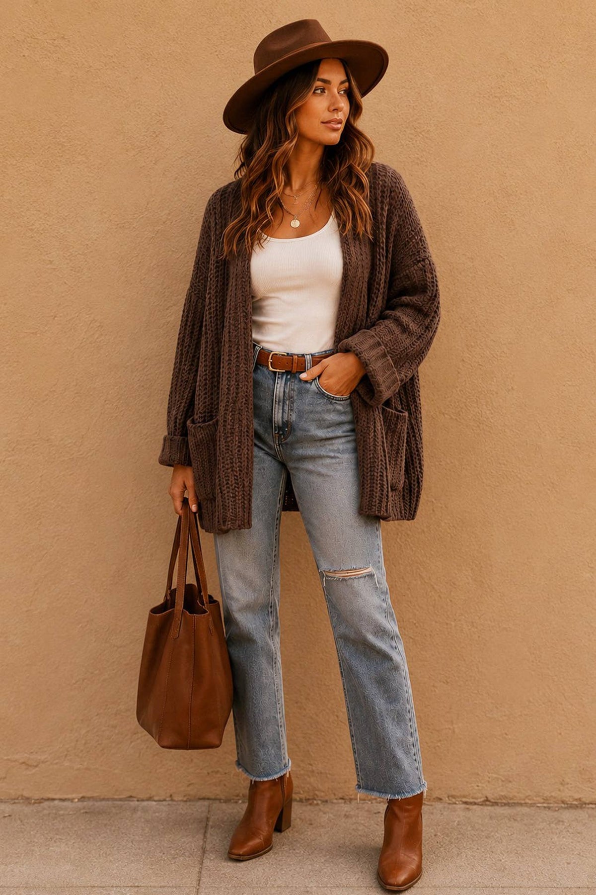 Chunky Knit Hooded Cardigan - Chocolate