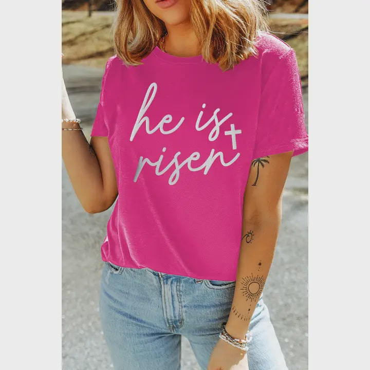 Ldc Glitter He Is Risen Cross Printed Crewneck Tee