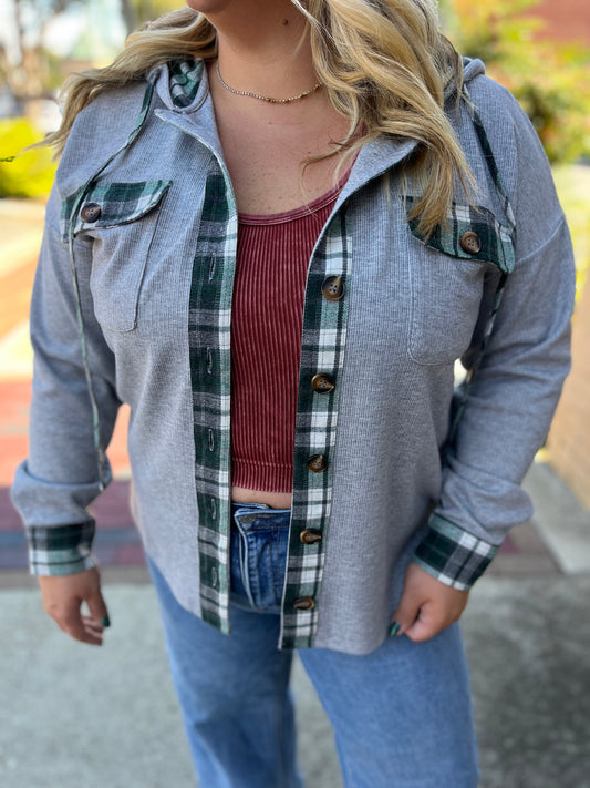 Heather Grey & Green Plaid Contrast Hoodie Shacket – Staccato