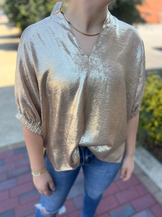 Metallic V-Neck Dolman Sleeve Top