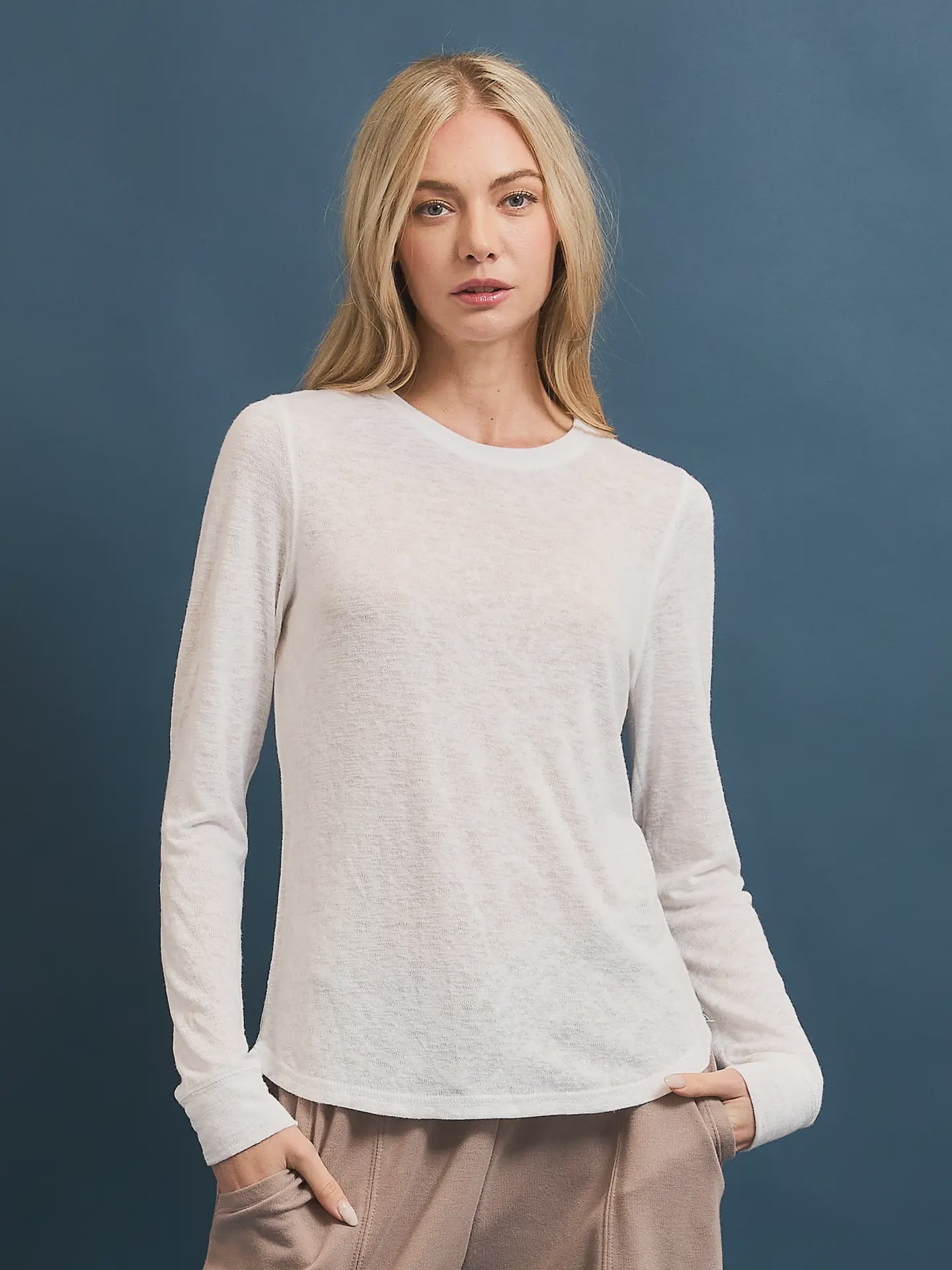 Wasabi + Mint Lightweight Slub Hacci Fitted Long Sleeve Top - White